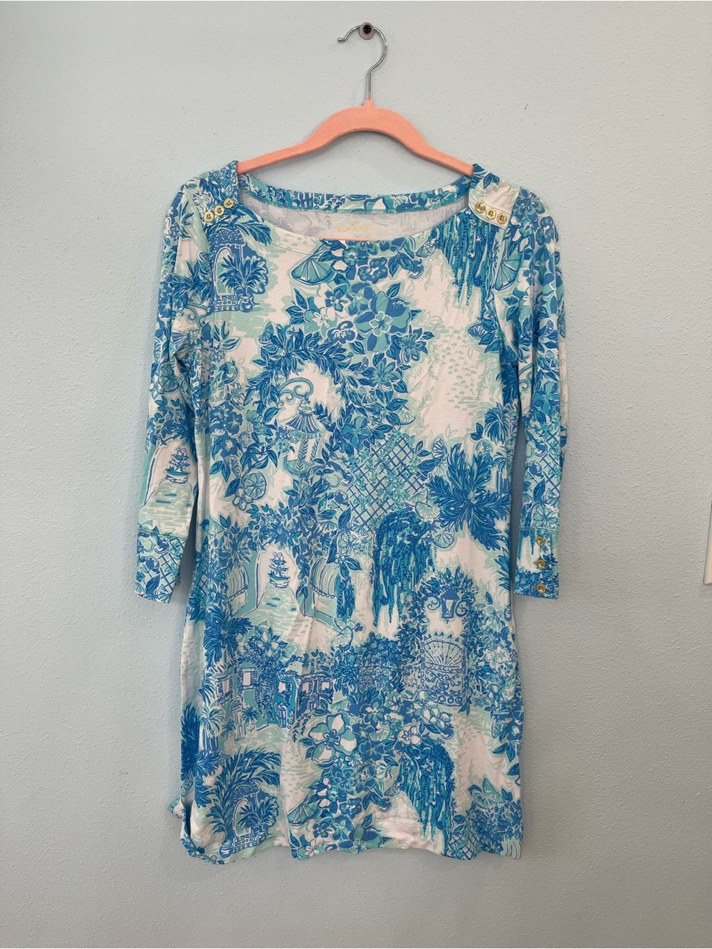 Lilly Pulitzer Blue and White Botanical Print Long Sleeve Dress